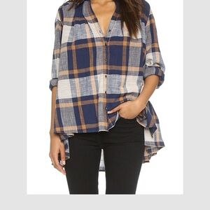 Free People Blue and Tan Plaid Ruffled Back Button Down Long Sleeve Flannel.